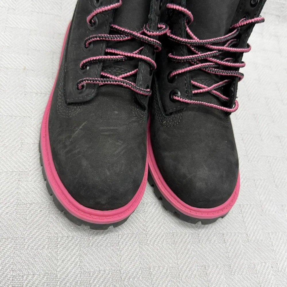 Timberland Combat Boots Girls Size 12 Black Pink Waterproof Nubuck‎ Hearts A15M9